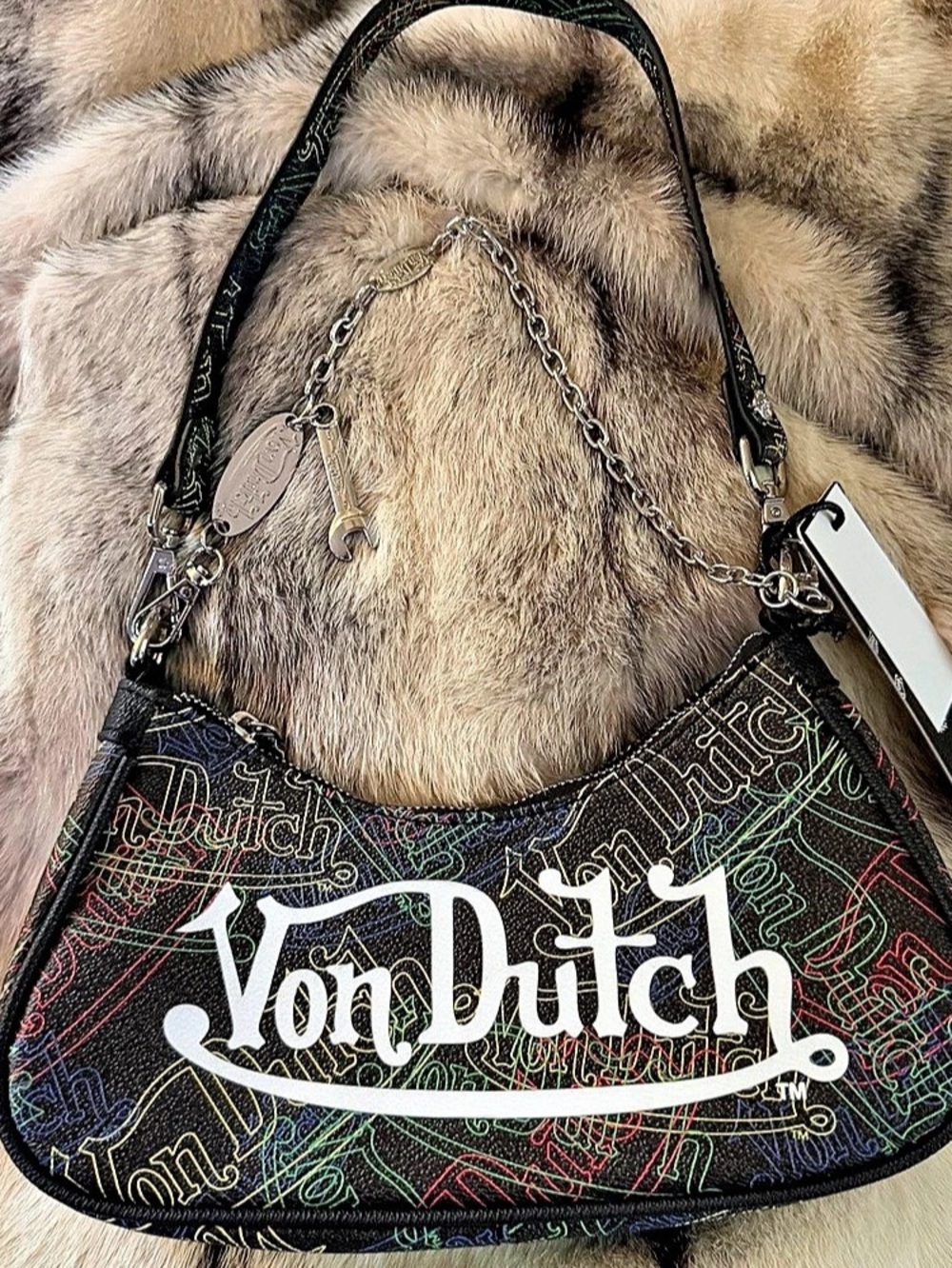 Von Dutch Neon Outline Logo Shoulder Bag with Chain and Wrench Charm